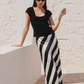 Fiery Black White Stripe Satin Bias Maxi Skirt
