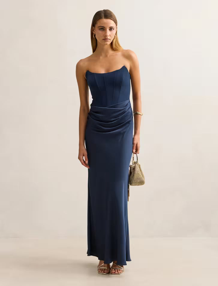 Isra Drape Strapless Maxi Dress - Navy